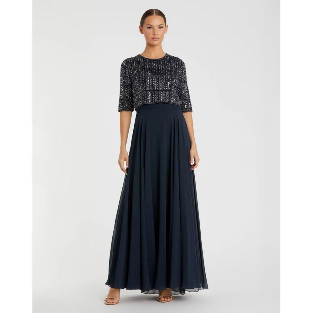 Mac Duggal NEW Chiffon Gown w/ Fully Beaded 3/4 Sleeve Top Navy $598 - Size‎ 18 - Picture 2 of 13